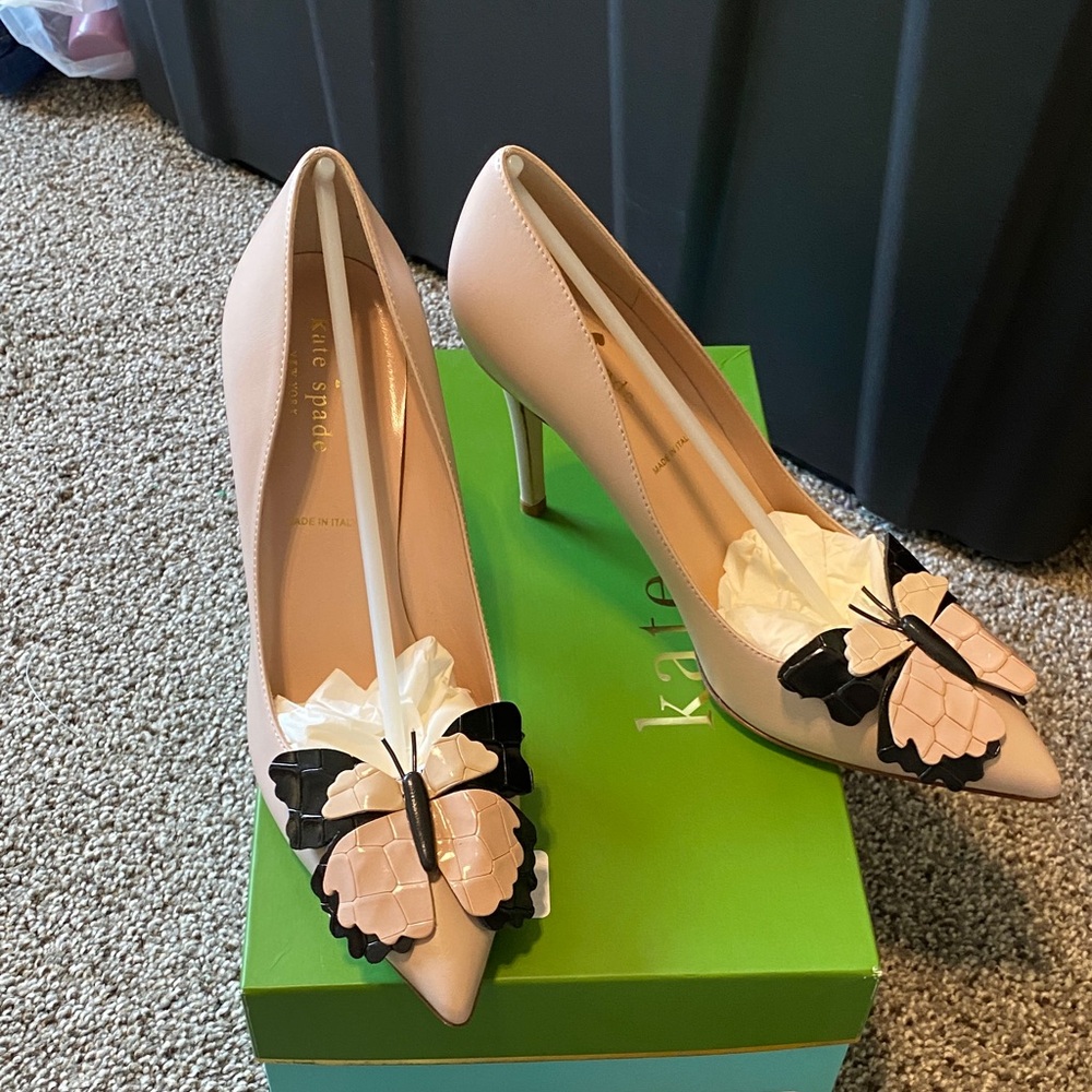 kate spade blush pink pointed-toe pumps with butterfly appliqués